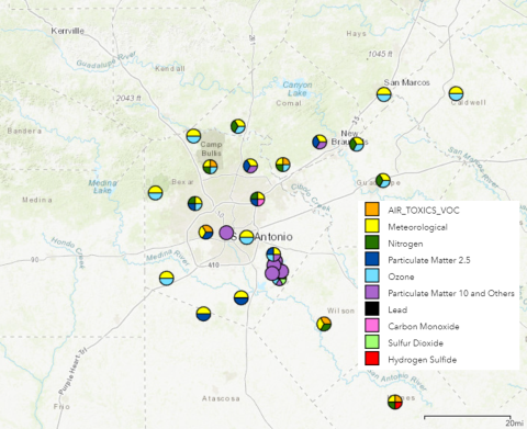 Map showing air quality monitors throughout the AACOG Region